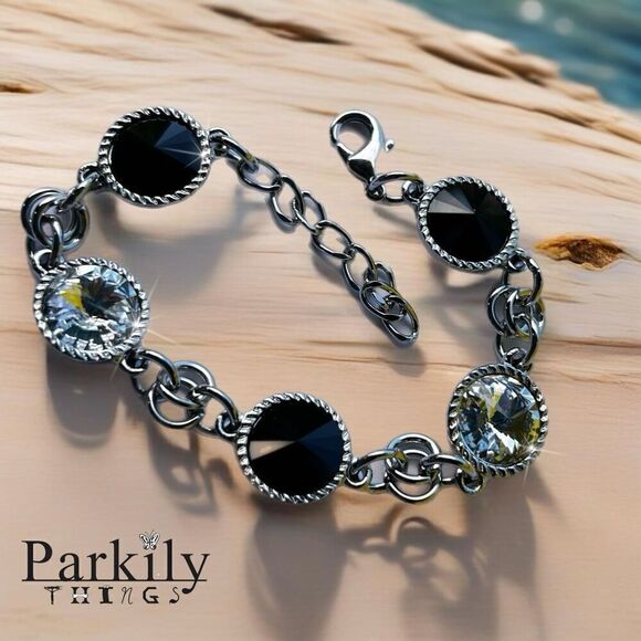 Handcrafted bracelet with jet black and clear Swarovski crystal - Picture 1 of 6